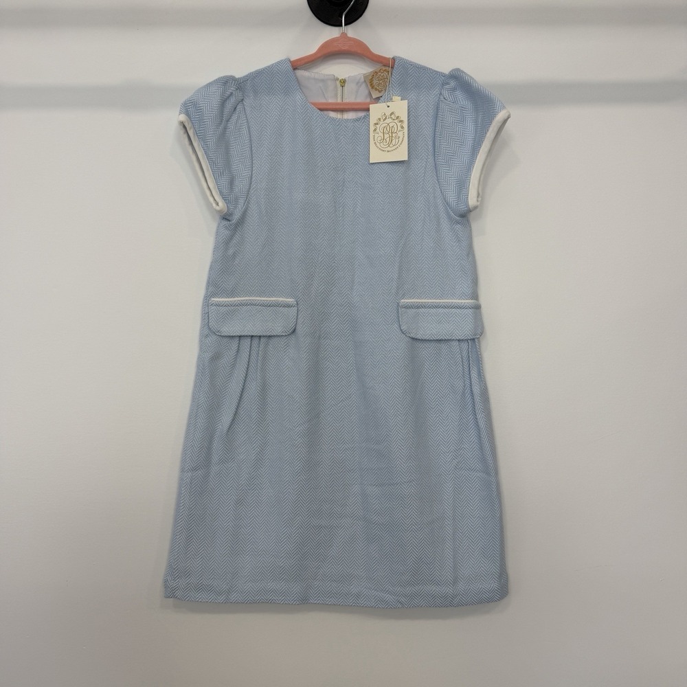 The Beaufort Bonnet Company Bow Dress Blue Herringbone Girls 10 NWT